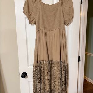 Chic Soul Tan Midi Dress with Lace Detail